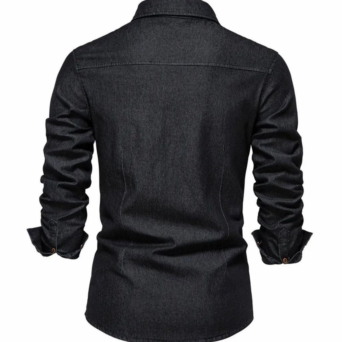 Back view of black denim shirt highlighting seam detailing and cuffs