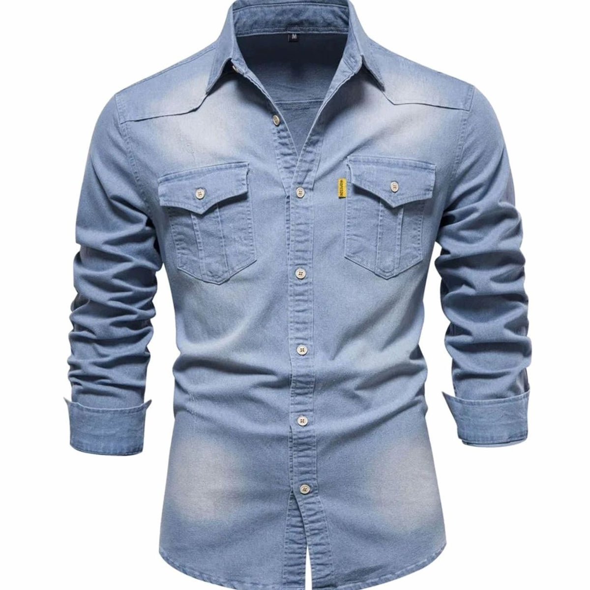 Light blue faded denim shirt with dual flap pockets and long sleeves