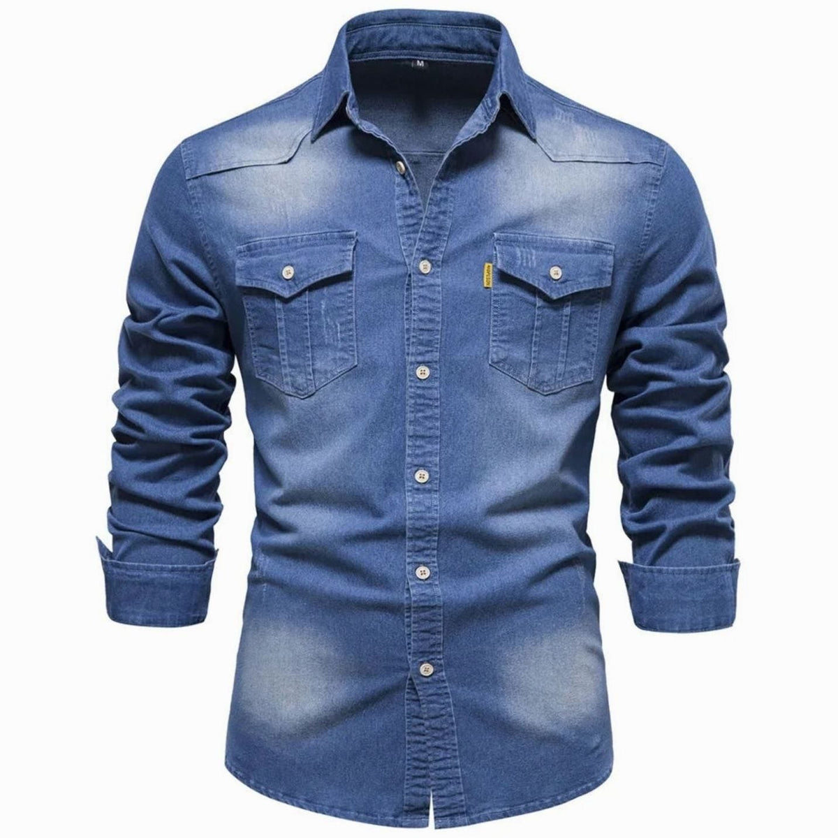 Mid-wash blue denim button-up shirt with dual chest pockets, front view