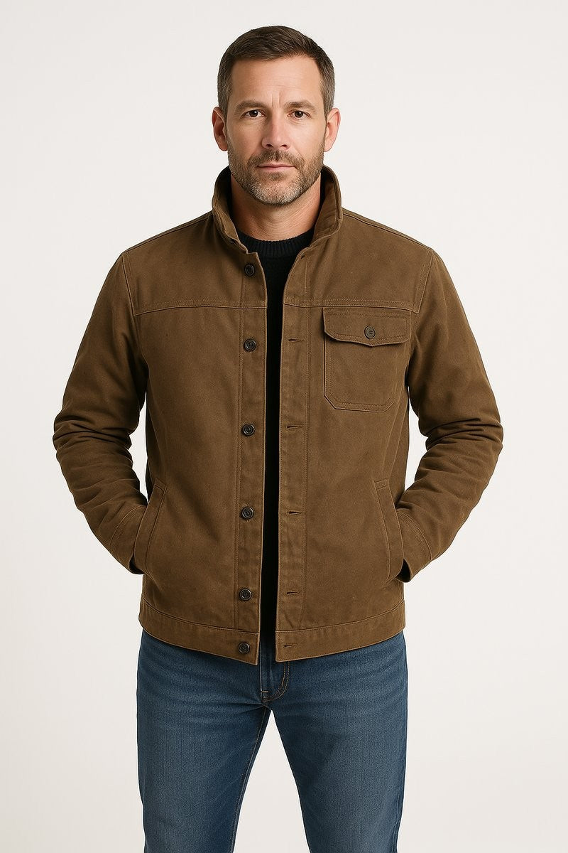 Man wearing tan utility bomber jacket with button-up front and chest pocket