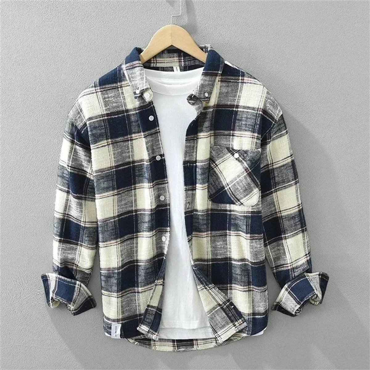 Men's cream and navy check flannel shirt with long sleeves and chest pocket