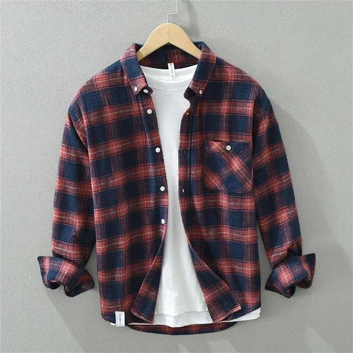 Men's red and navy plaid brushed cotton flannel shirt, buttoned front