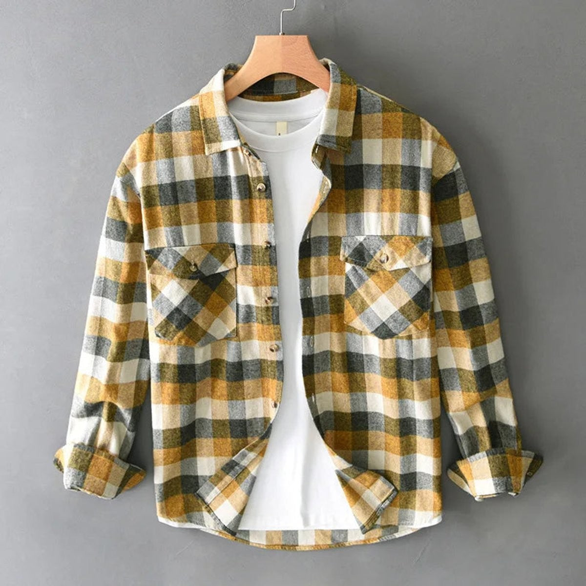 Mustard yellow check flannel shirt with twin chest pockets and long sleeves