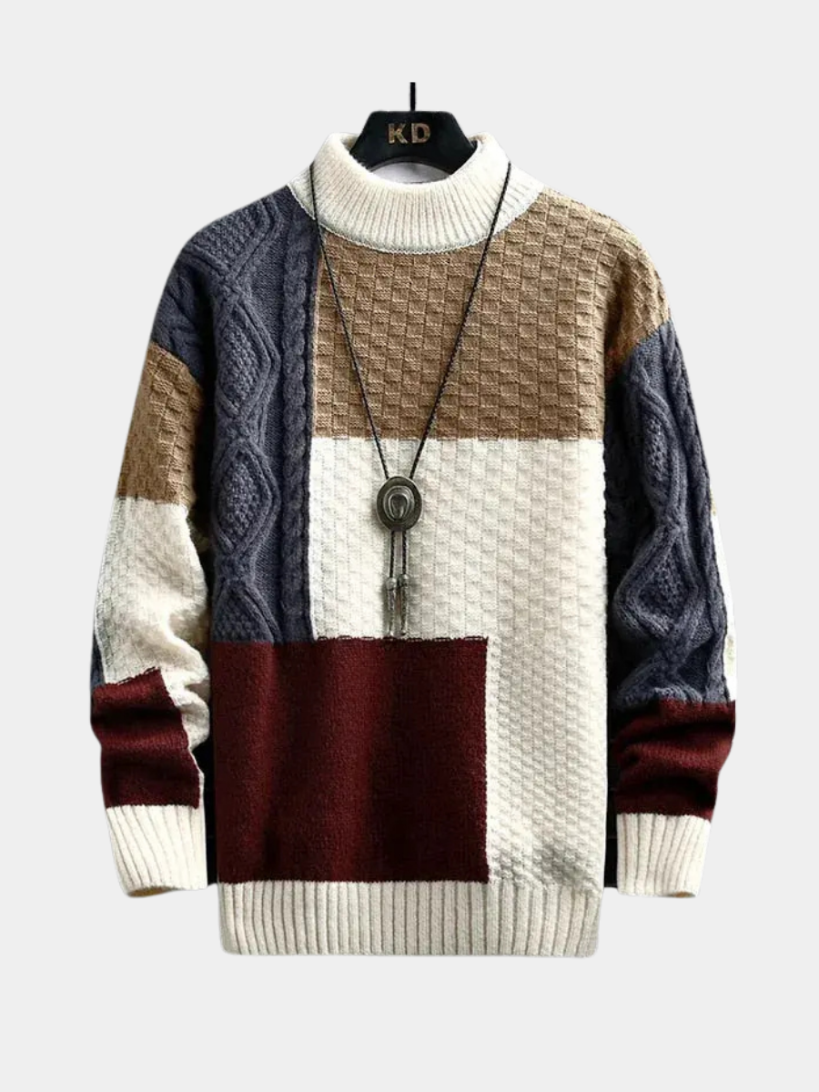 Colour-block cable knit jumper with mock neck and burgundy hem panel