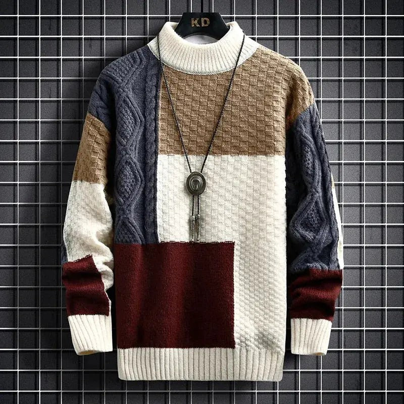 Chunky knit turtleneck jumper in navy, camel and burgundy colour-block design