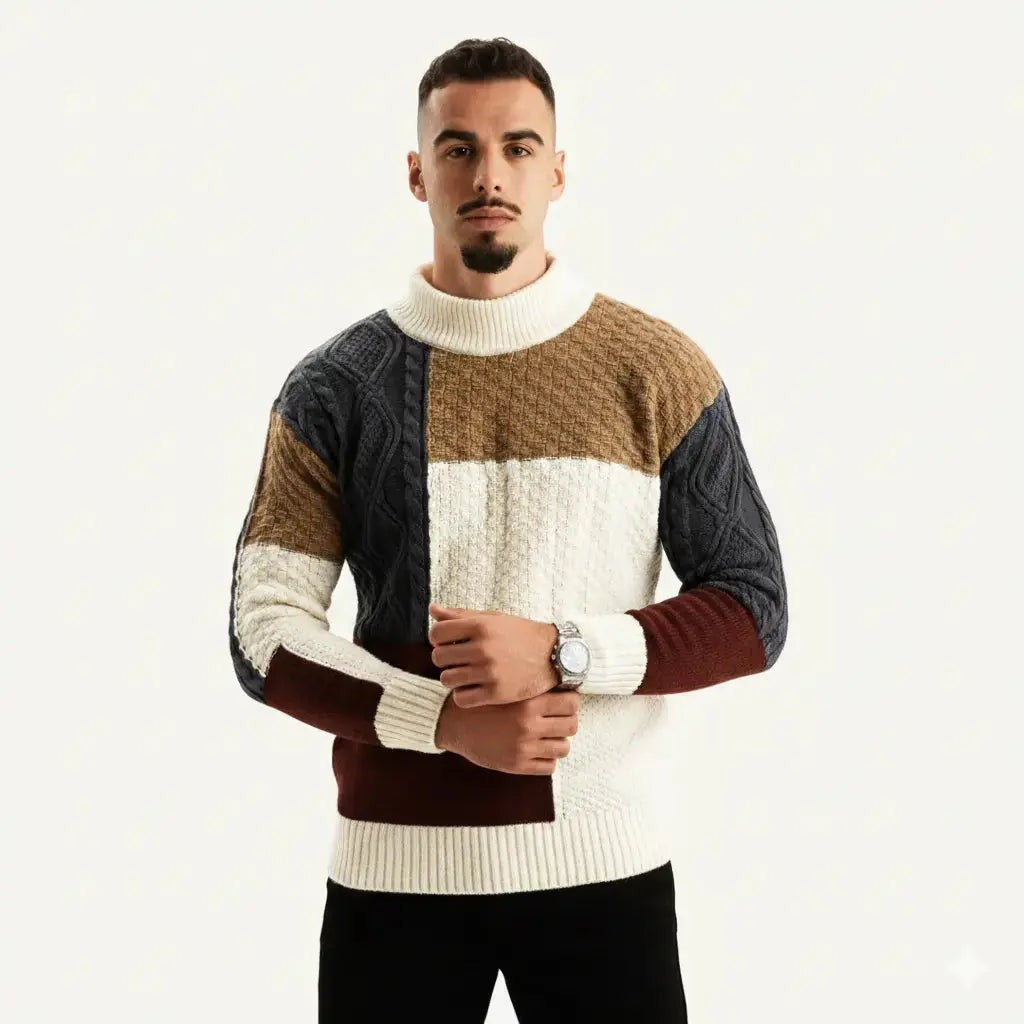 Man wearing colour-block cable knit jumper with high neck and long sleeves