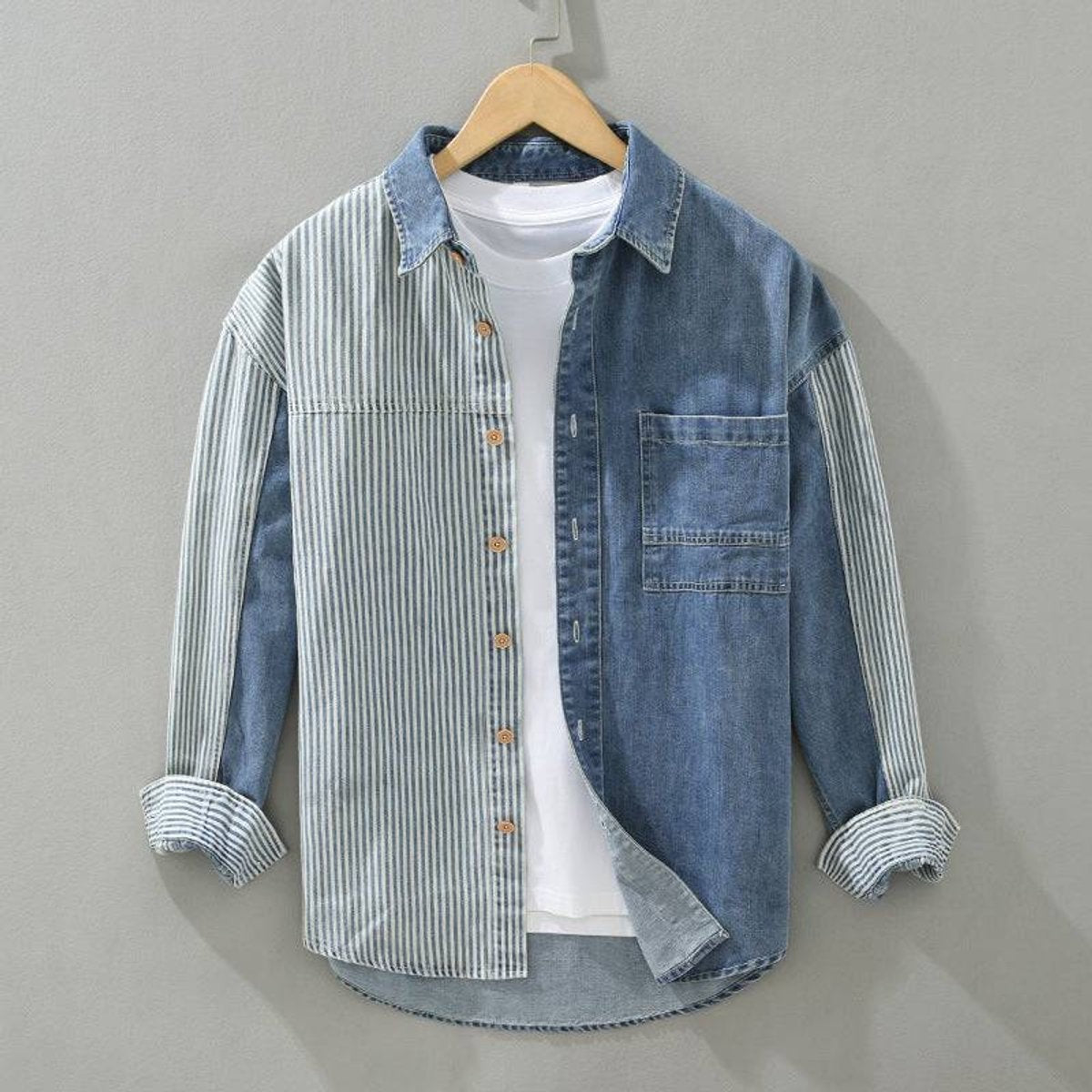 Men's denim shirt with striped panel contrast and chest pocket detail
