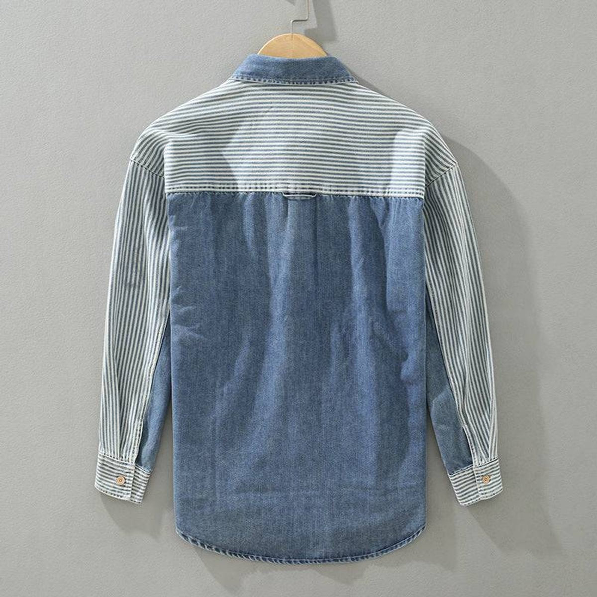 Rear view of contrast panel denim shirt with striped yoke and sleeves