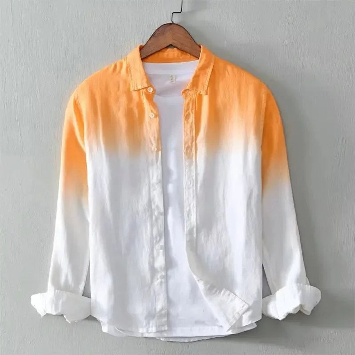 Men's long-sleeve shirt with orange dip-dye fade into white cotton