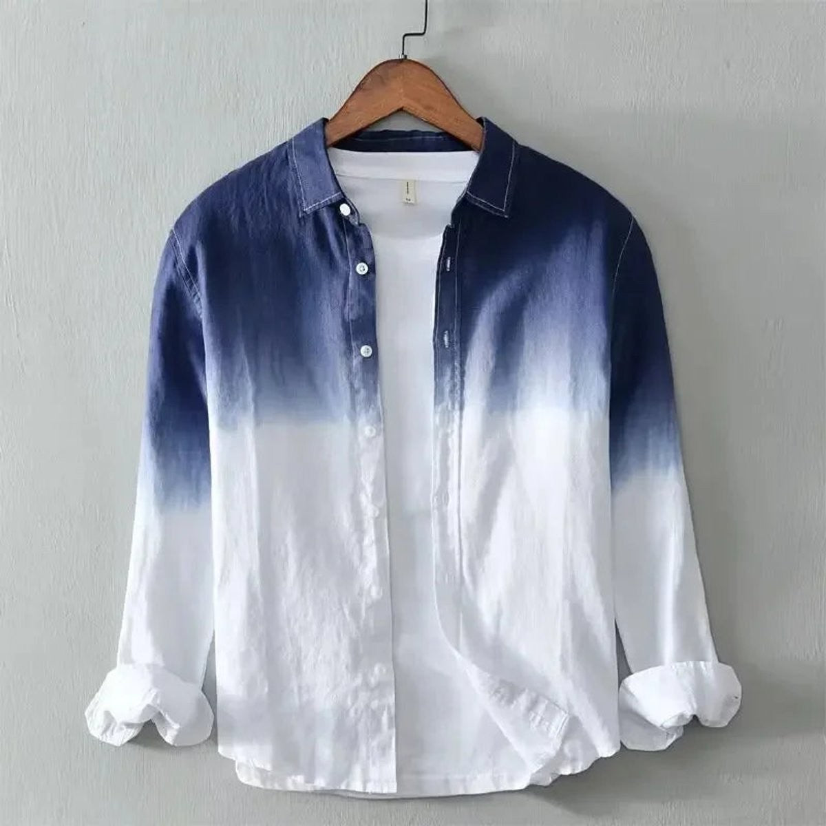 Navy dip-dye long-sleeve shirt fading to white on relaxed-fit cotton
