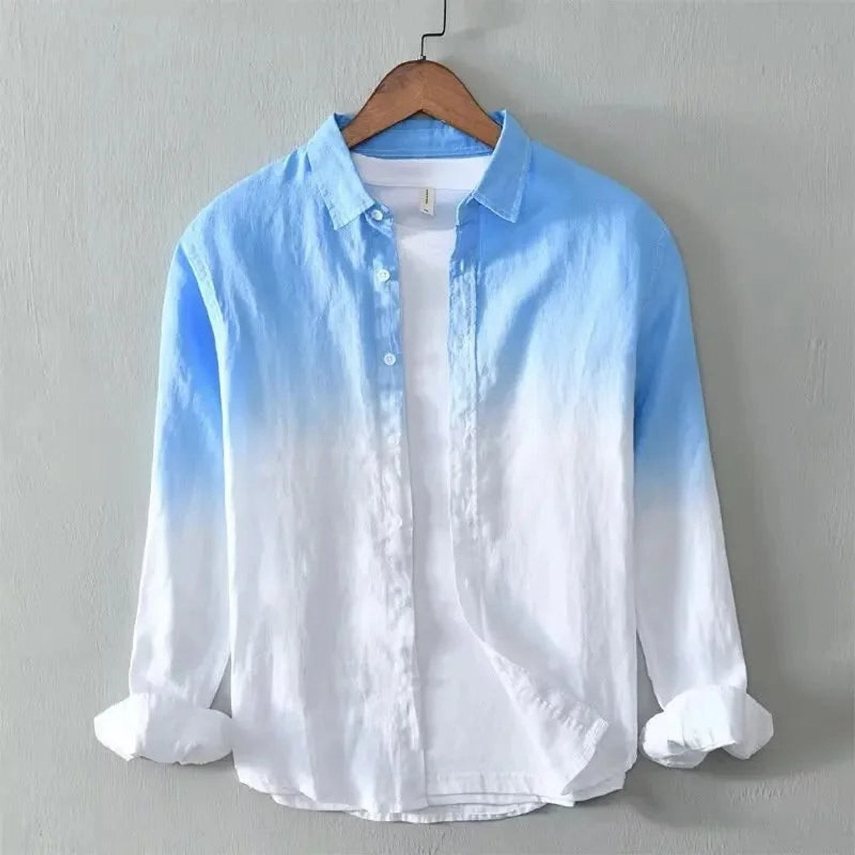 Sky blue ombré long-sleeve shirt with dip-dye fade on white cotton