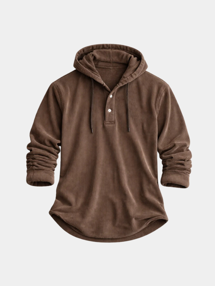 Brown ribbed corduroy hoodie with button placket and drawstring hood