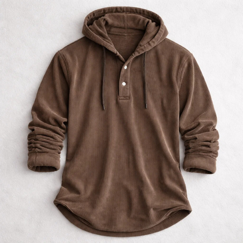 Brown corduroy hooded top featuring long sleeves and button neckline