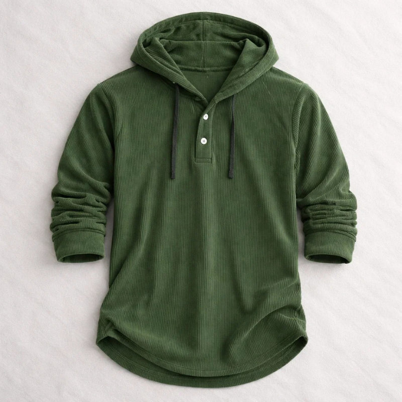 Olive green corduroy hoodie with drawstring hood and curved hem