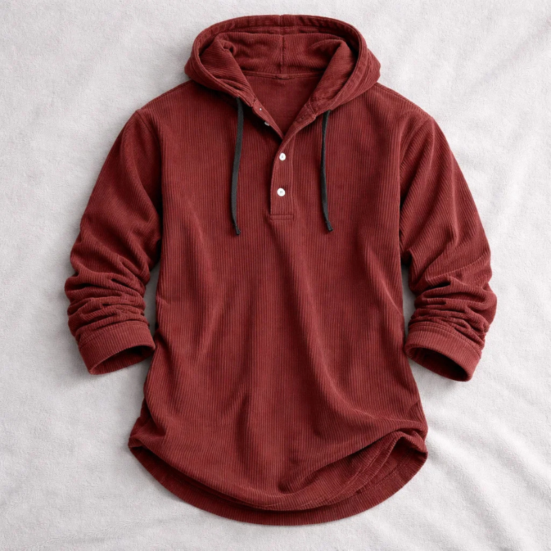 Rust red ribbed corduroy hoodie with button-up placket detail