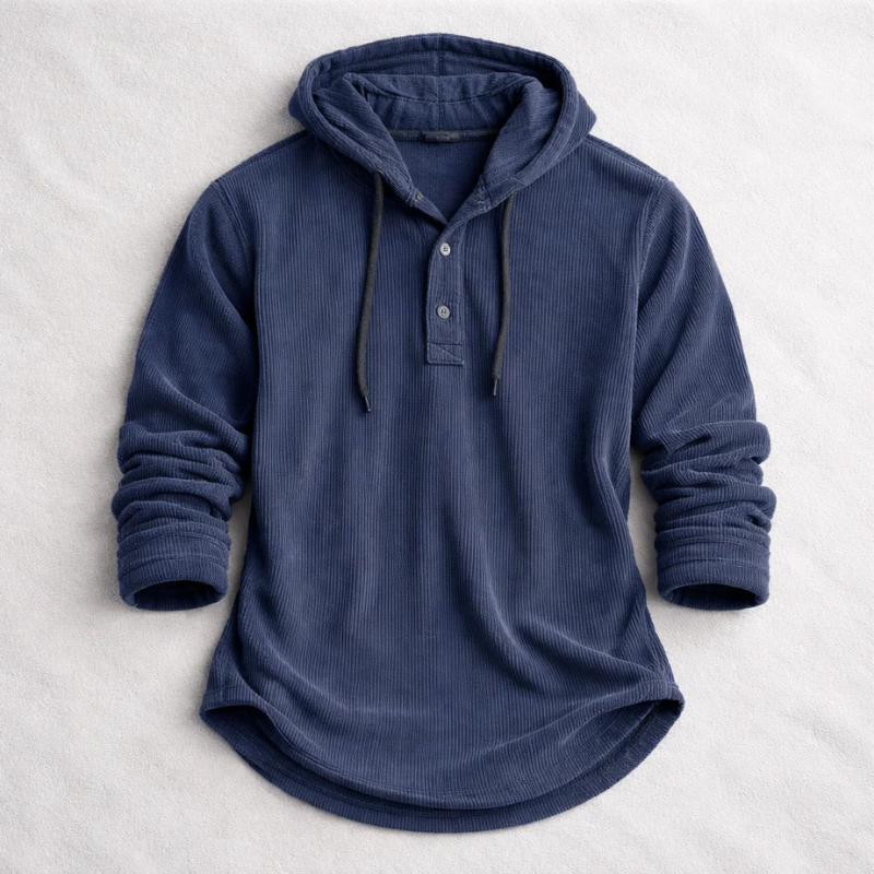 Navy blue corduroy hoodie with drawstring hood and long sleeves