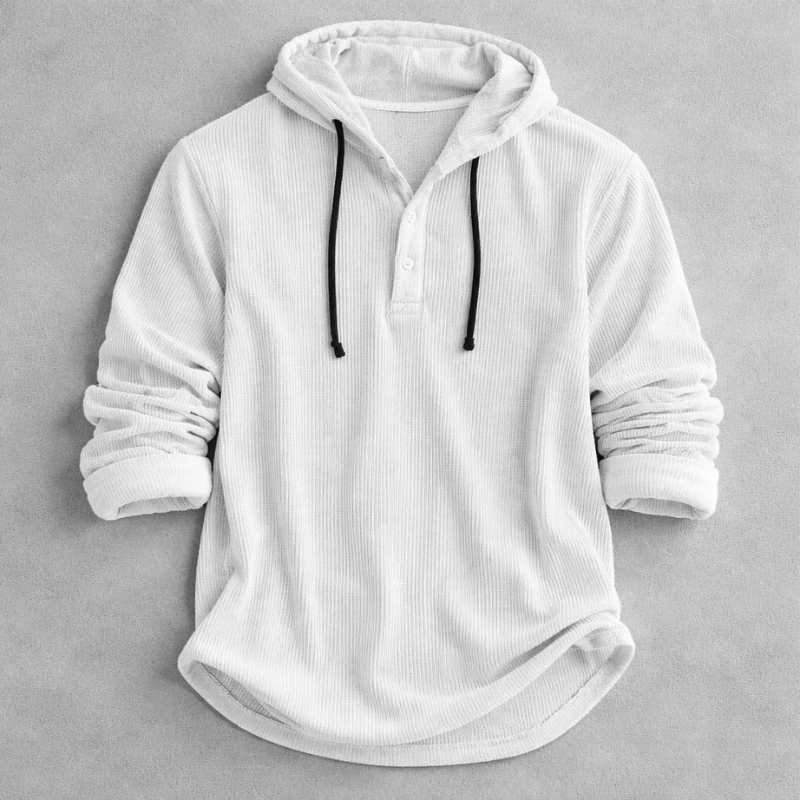 White ribbed corduroy hoodie with black drawstrings and button neck