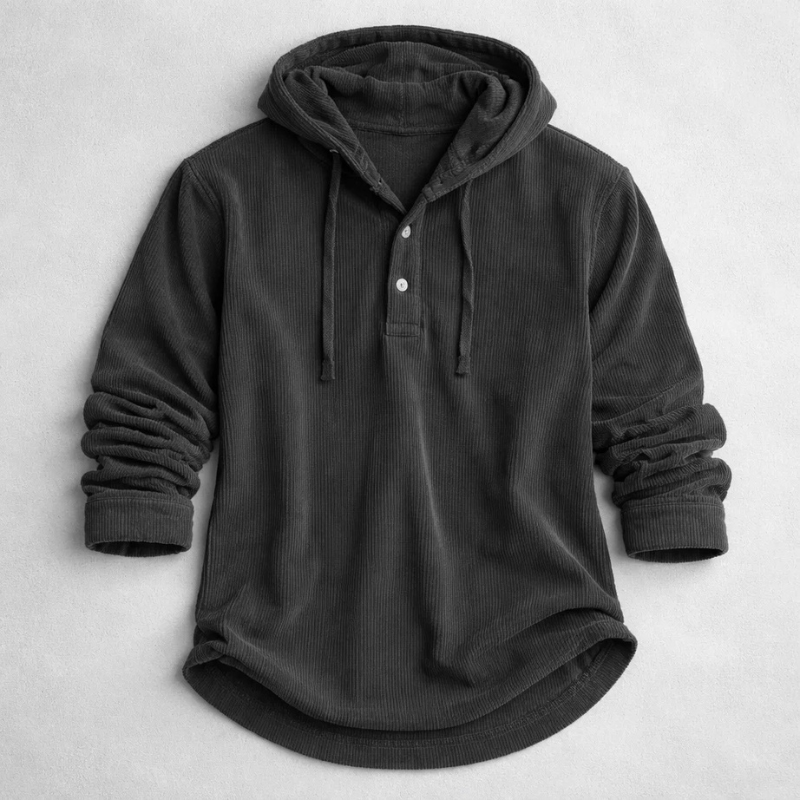 Charcoal grey corduroy hoodie with curved hem and drawstring hood