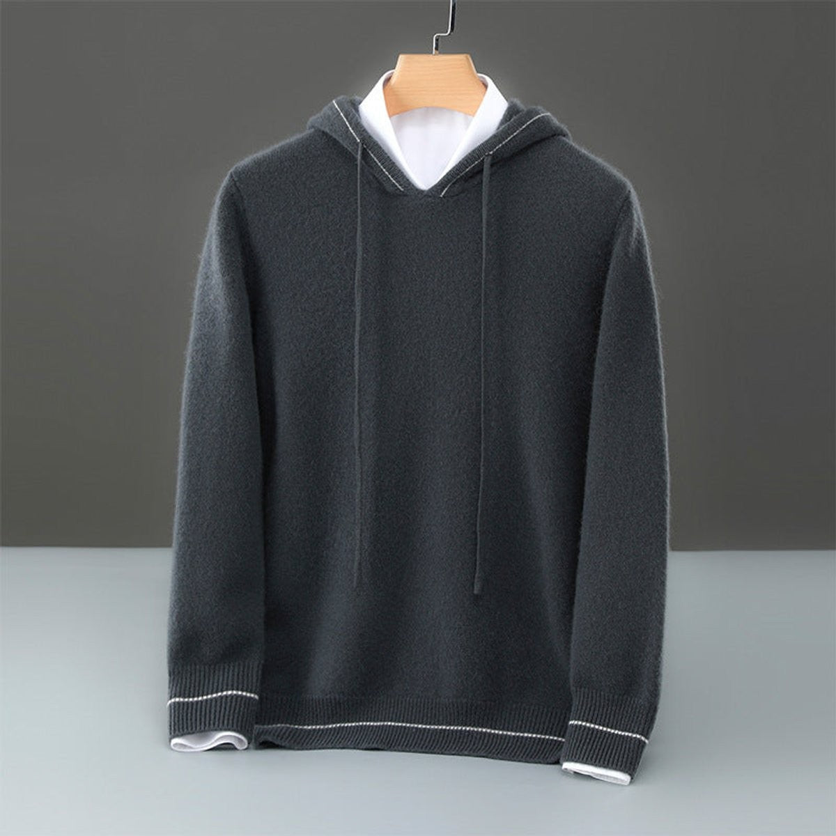 Charcoal grey cashmere hooded jumper with contrast stitching and knitted cuffs