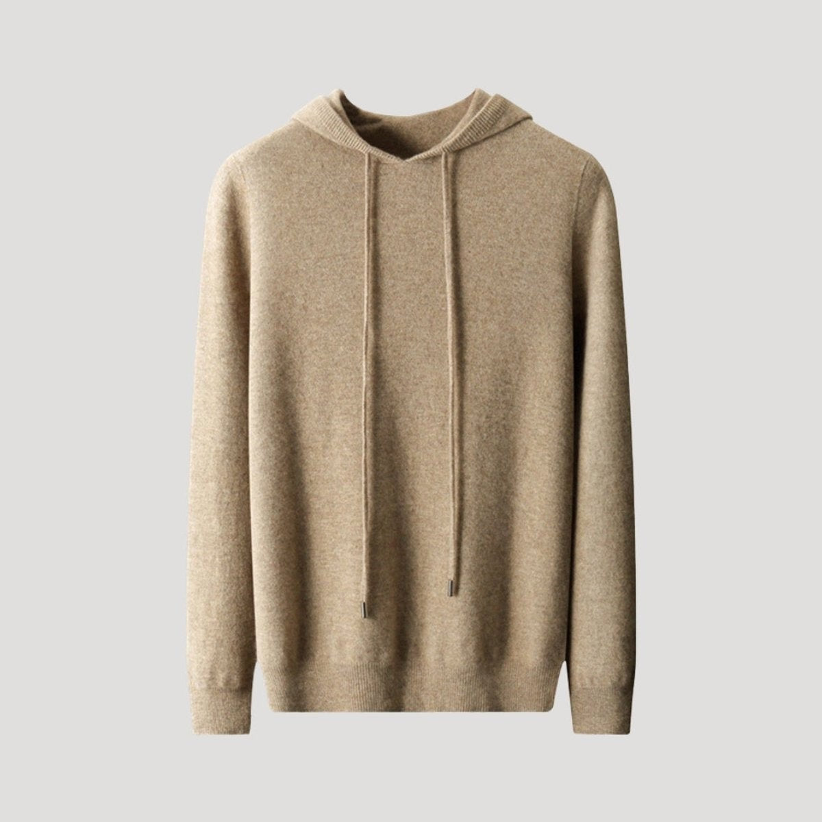 Beige cashmere hoodie jumper with drawstring hood laid flat on plain background