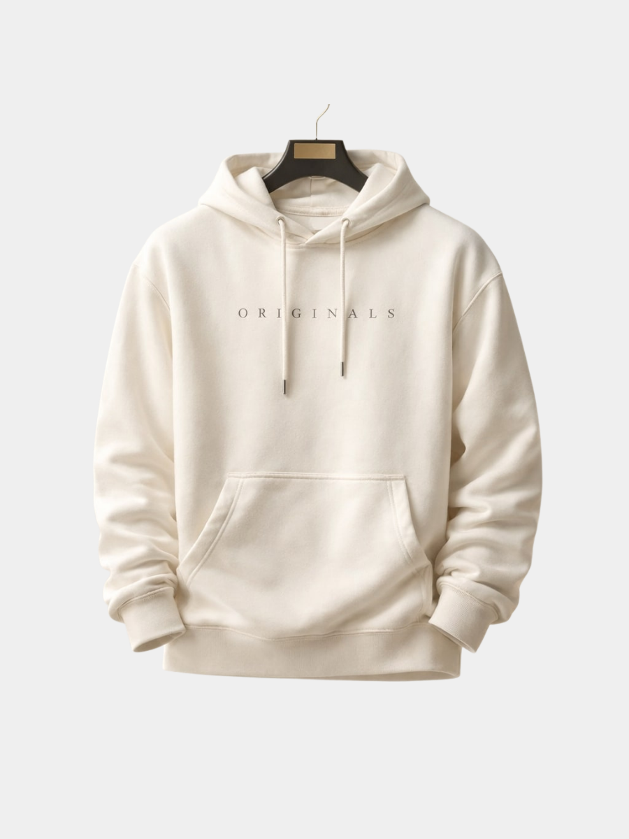 Cream relaxed hoodie with drawstring hood and Originals print, on hanger
