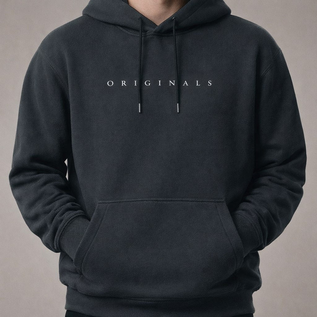 Close-up of man in charcoal relaxed hoodie with subtle logo print