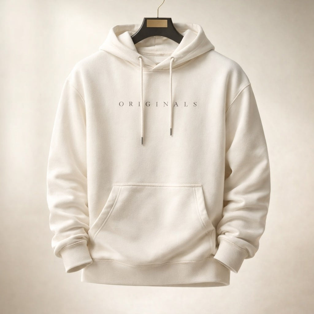 Off-white relaxed men's hoodie with kangaroo pocket and drawstrings