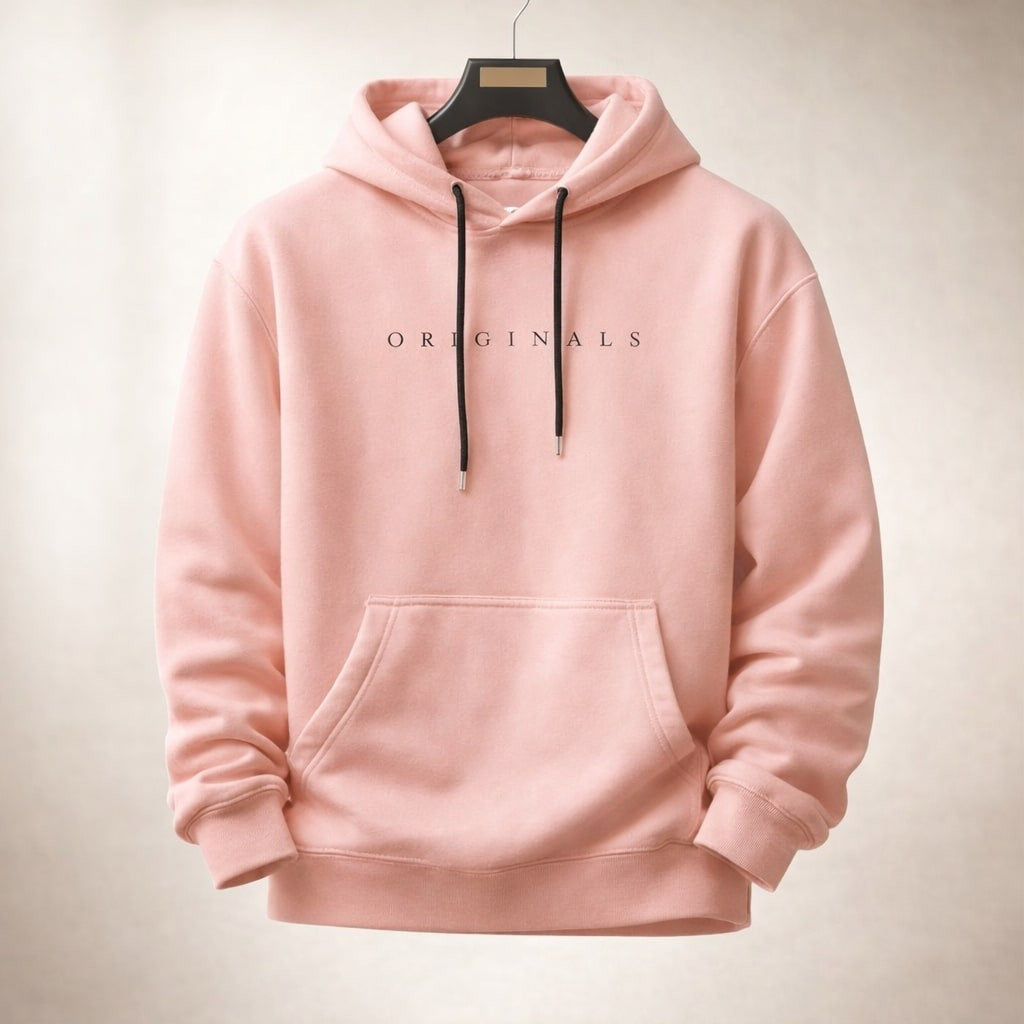 Pale pink relaxed hoodie with black drawstrings and front logo print