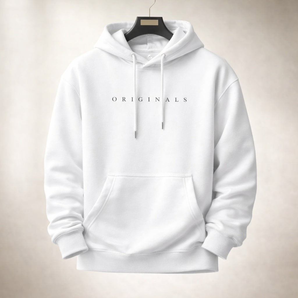 White relaxed men's hoodie with ribbed cuffs and front pocket