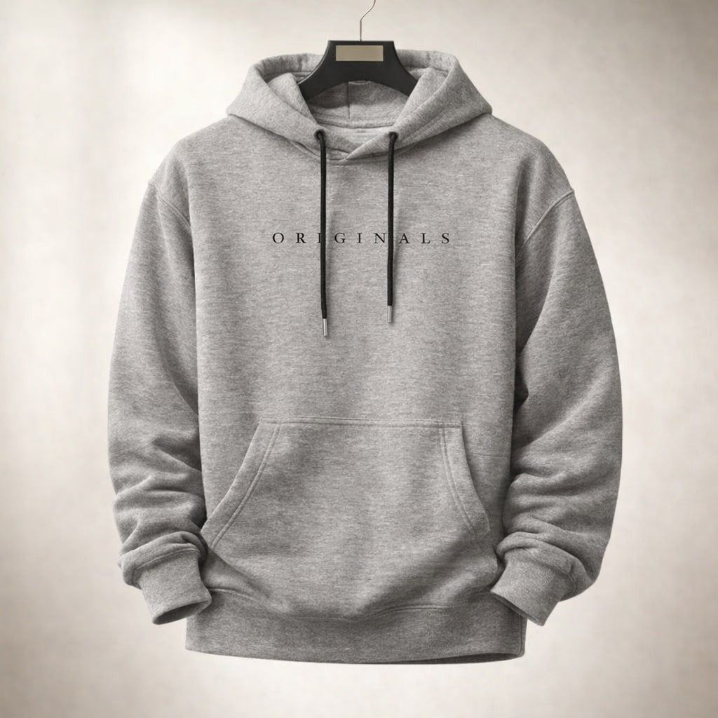 Grey marl relaxed hoodie with black drawstrings, displayed on hanger
