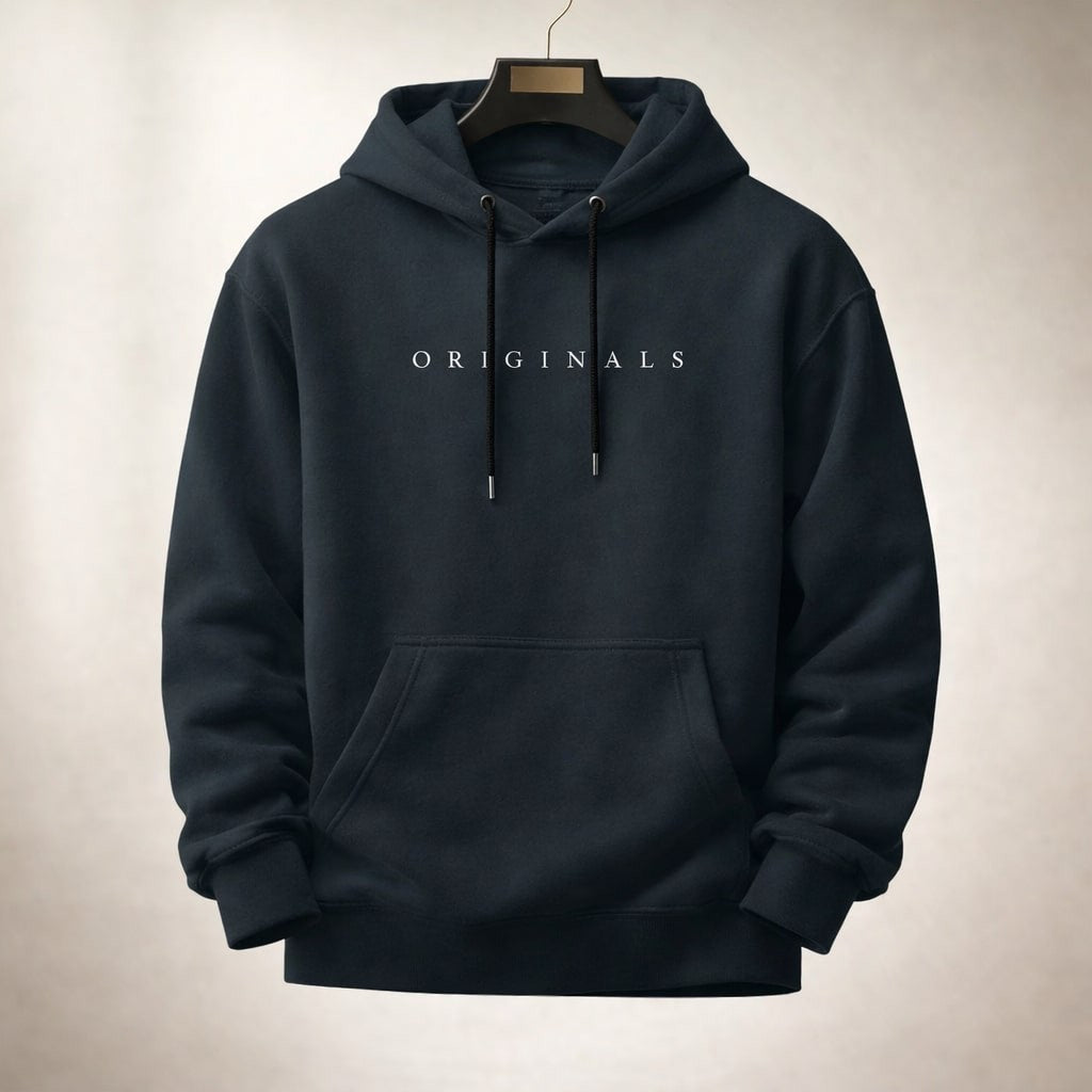 Navy relaxed hoodie with white Originals logo and drawstring hood