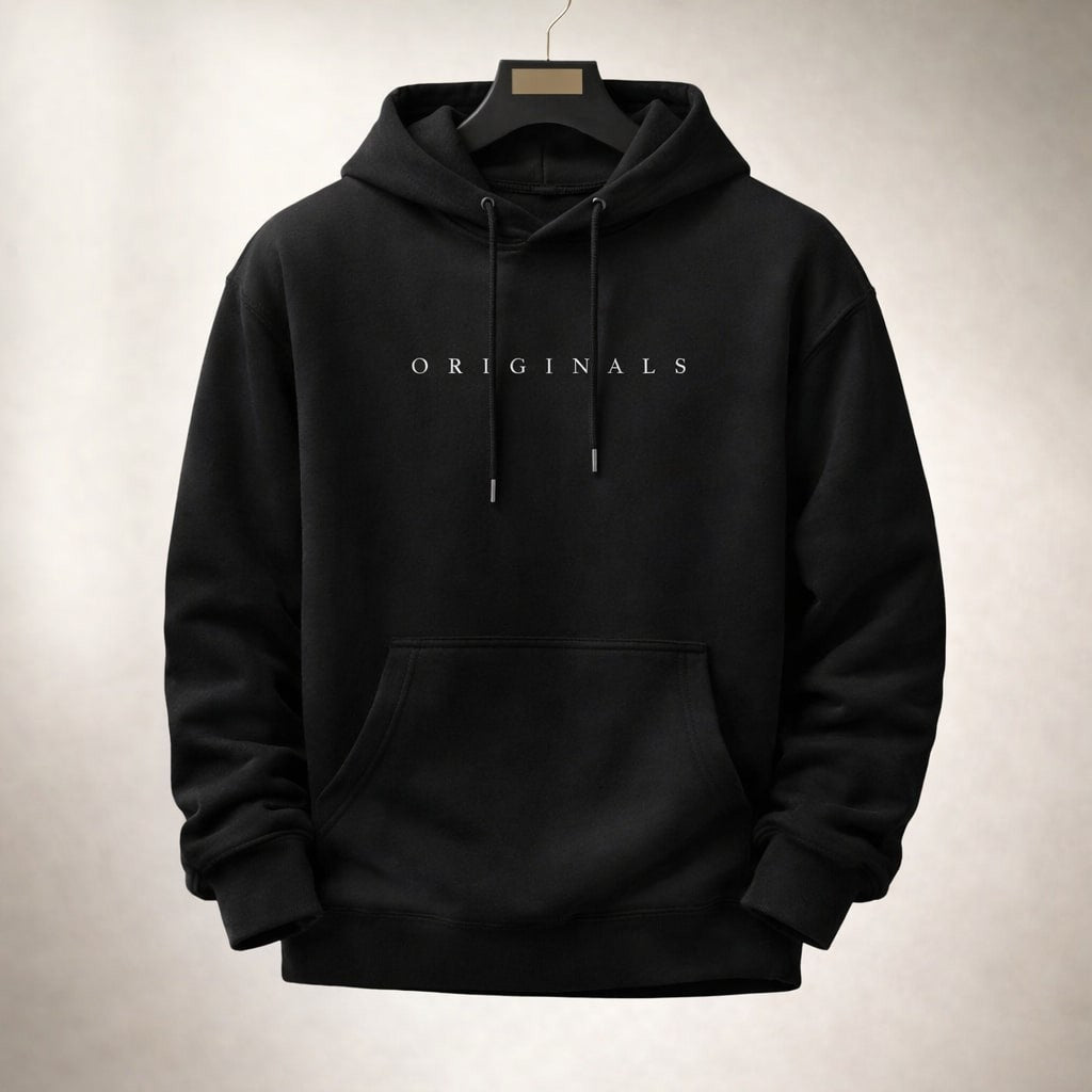 Black relaxed men's hoodie with contrast white logo print, front view