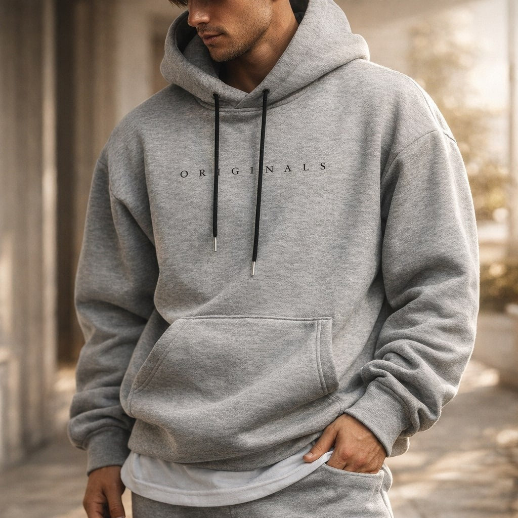 Man modelling grey marl relaxed hoodie with kangaroo pocket outdoors