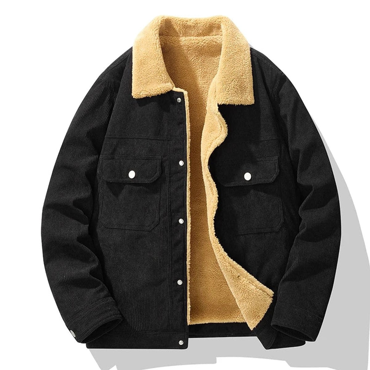 Black corduroy jacket with fleece-lined collar and twin flap pockets