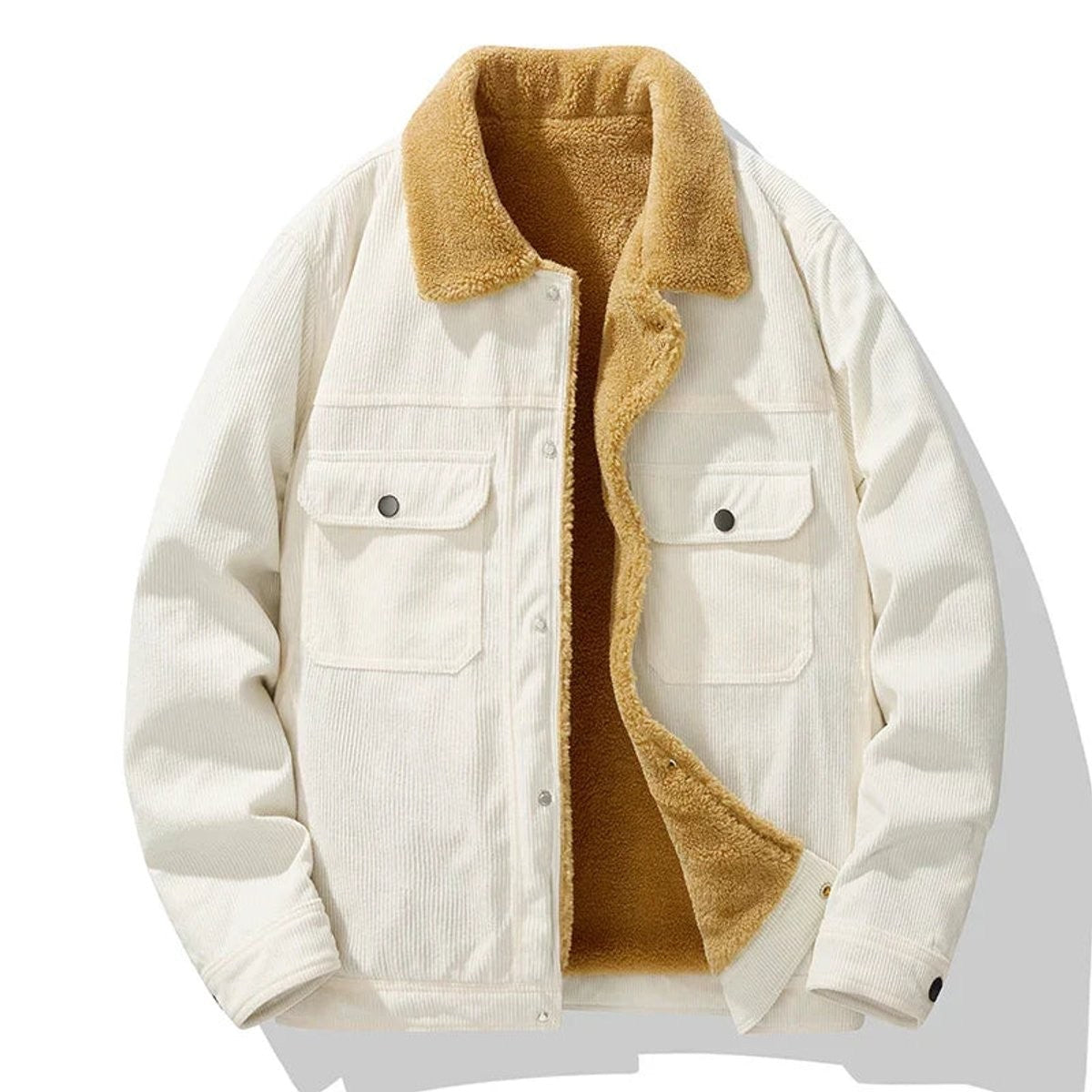 Cream corduroy jacket featuring tan shearling collar and snap-button placket
