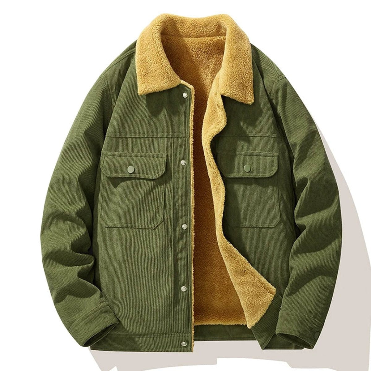 Khaki green corduroy jacket with fleece lining and chest pockets