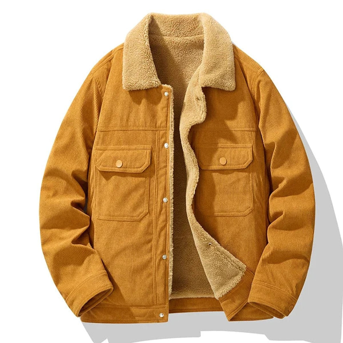 Mustard corduroy jacket showing fleece-lined collar and popper fastenings