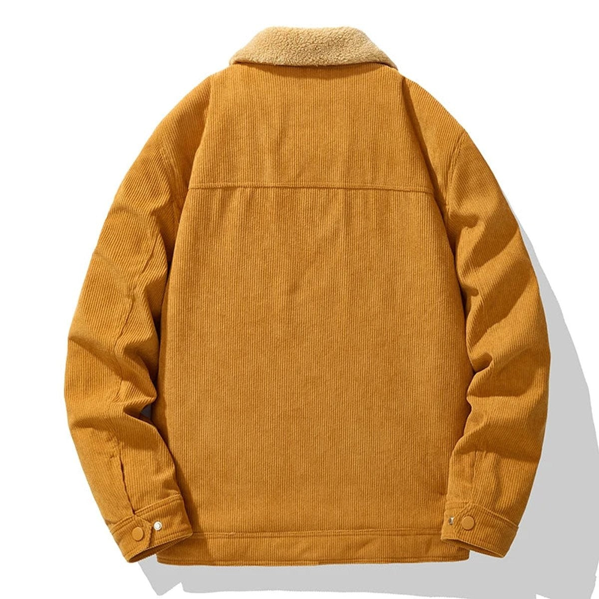Rear view of mustard corduroy jacket with fleece collar and yoke seam