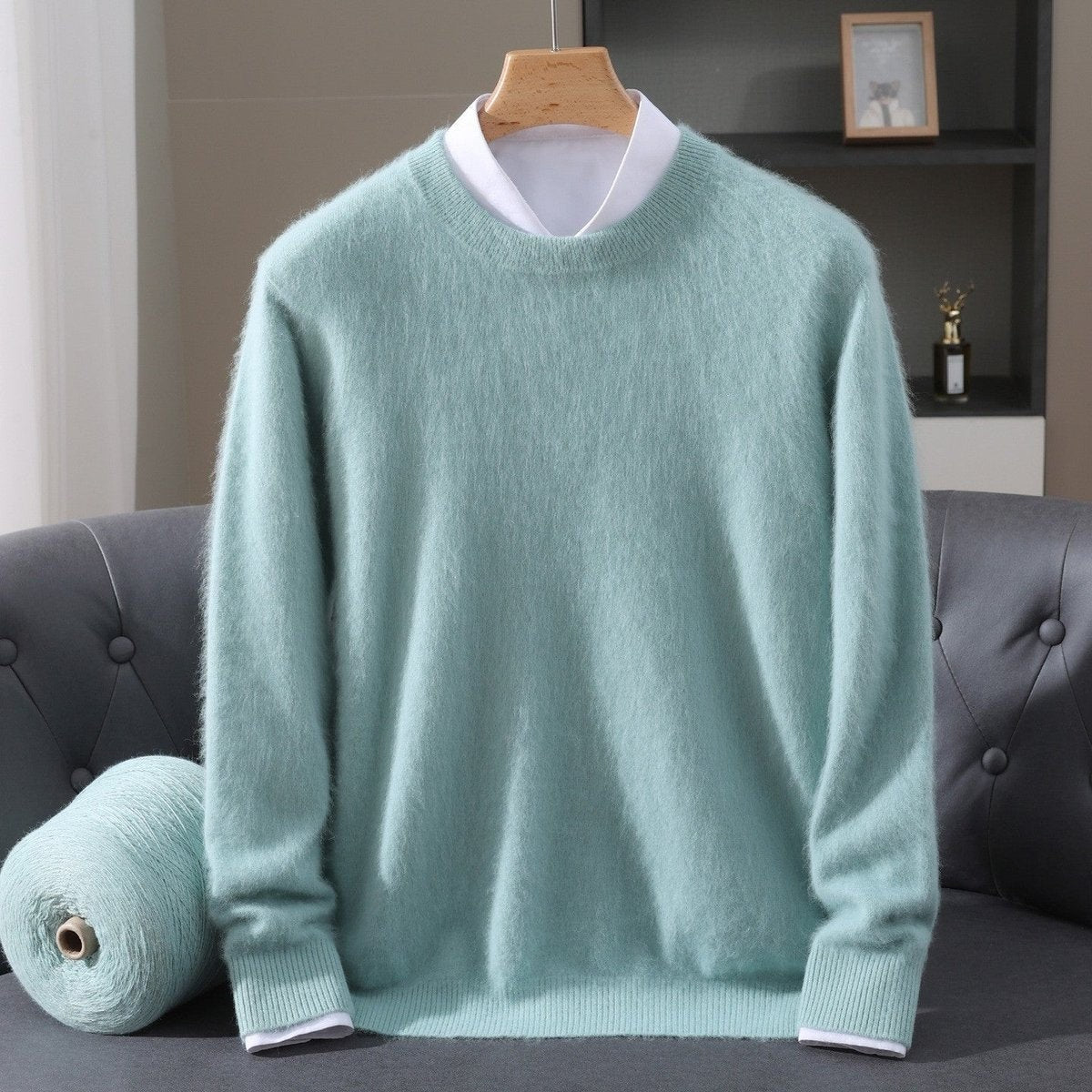 Mint green fluffy cashmere jumper with relaxed fit and ribbed hem