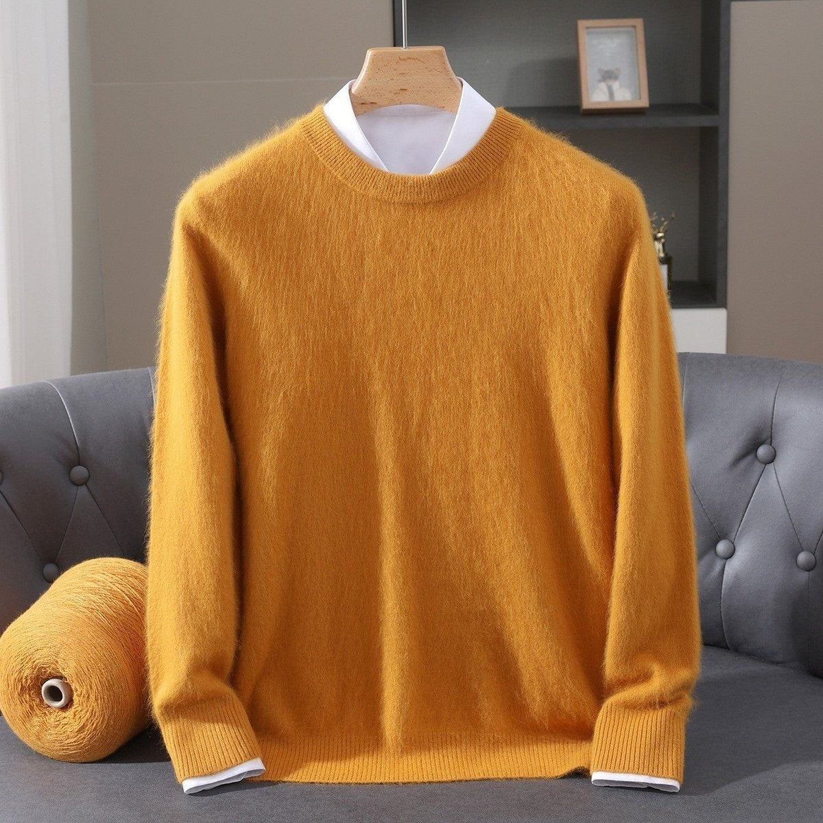 Mustard yellow crew-neck knit jumper with soft brushed texture