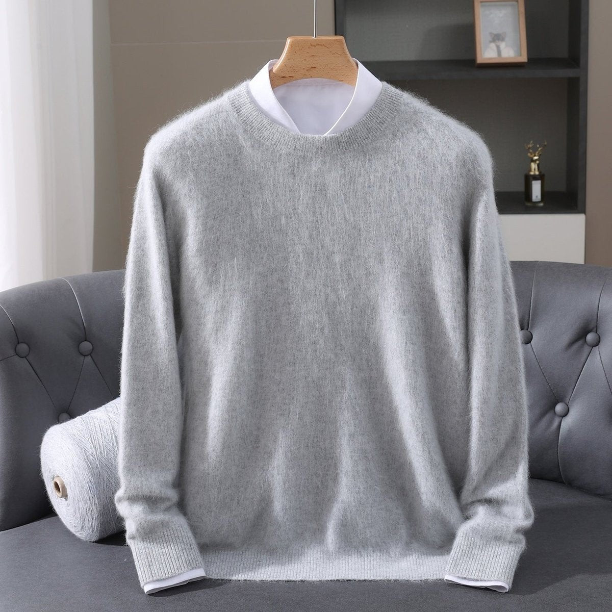 Light grey fluffy mink cashmere jumper with ribbed crew neckline