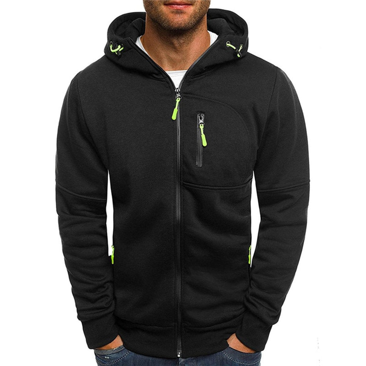 Black full-zip hoodie with contrasting green zip pullers and drawstrings