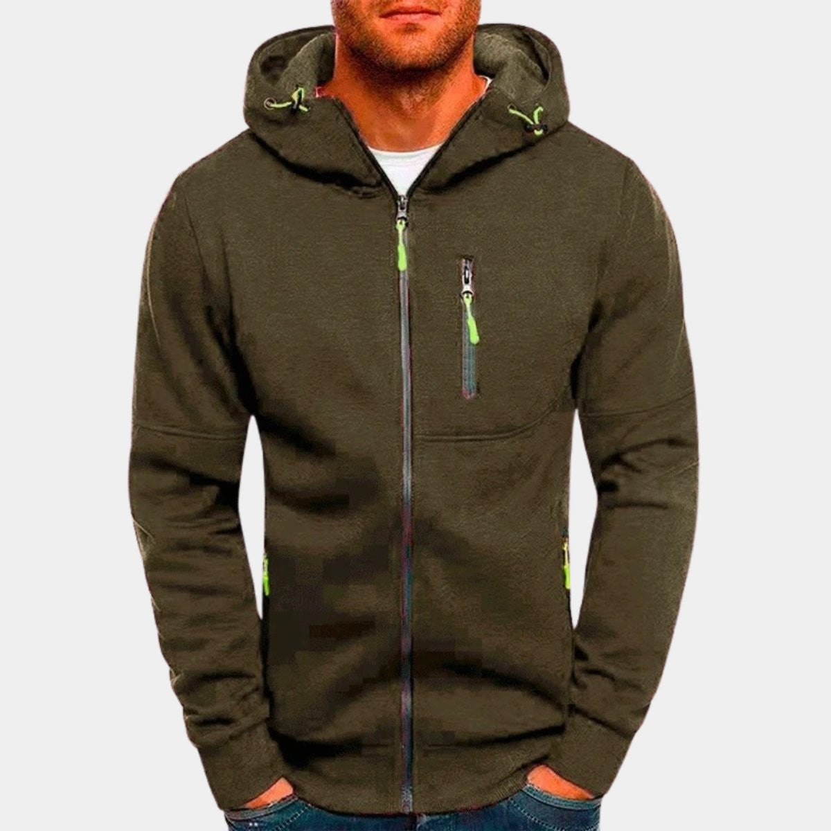 Khaki green zip-up hoodie with lime zip pullers and drawstring hood