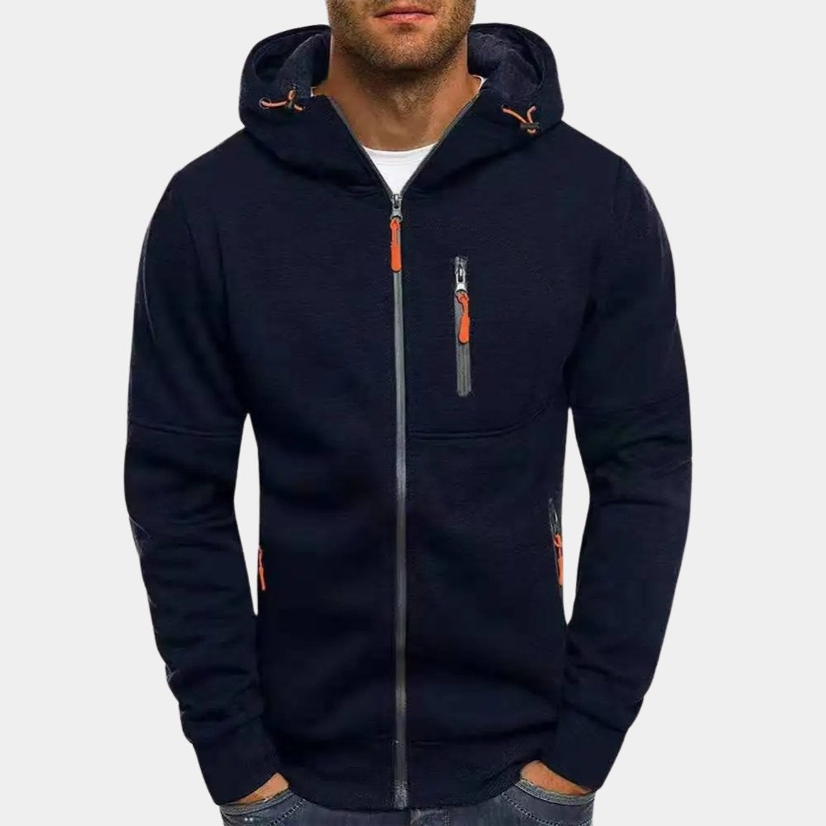 Navy blue fleece hoodie with orange zip pullers and zipped pocket