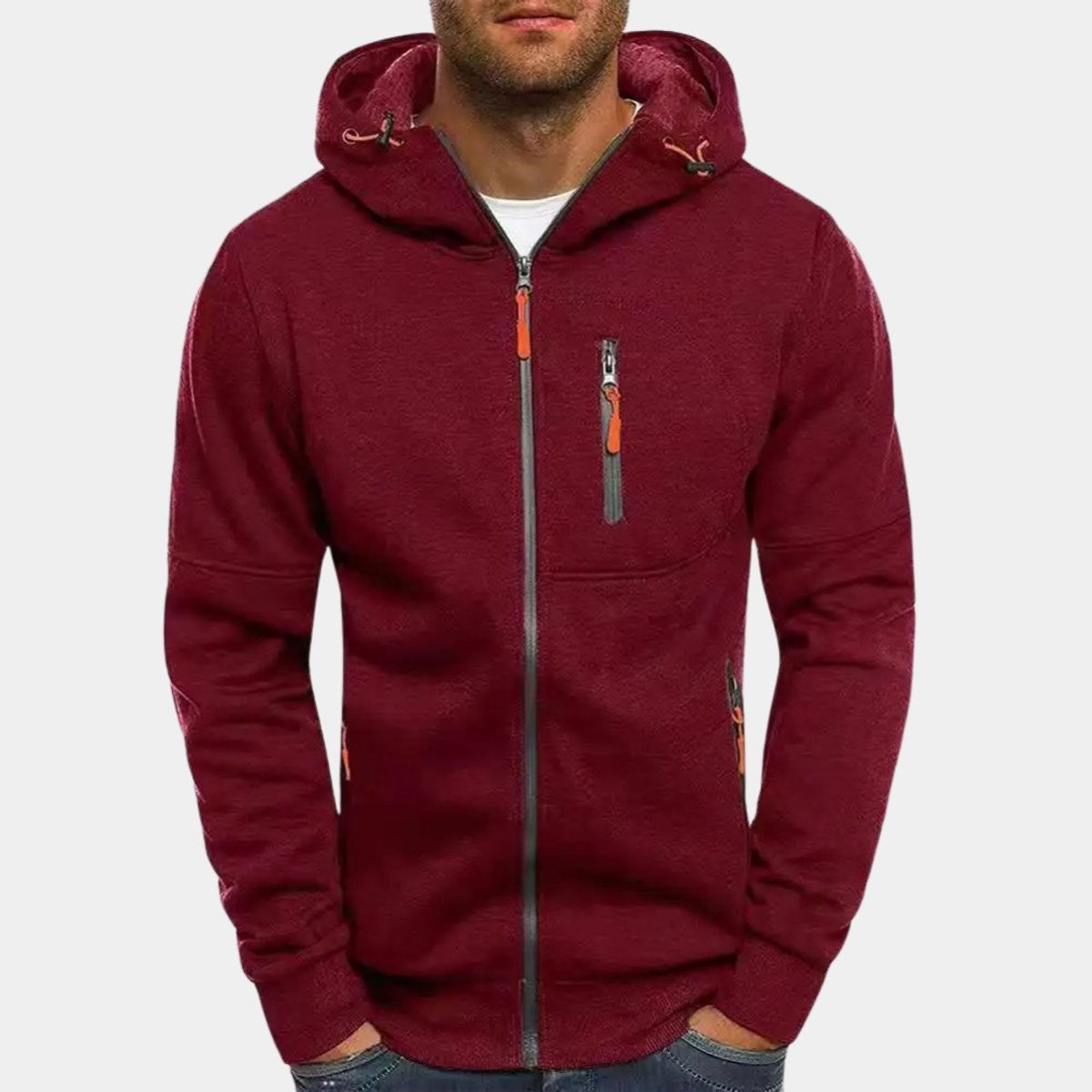 Burgundy full-zip hoodie with orange zip accents and drawstring hood