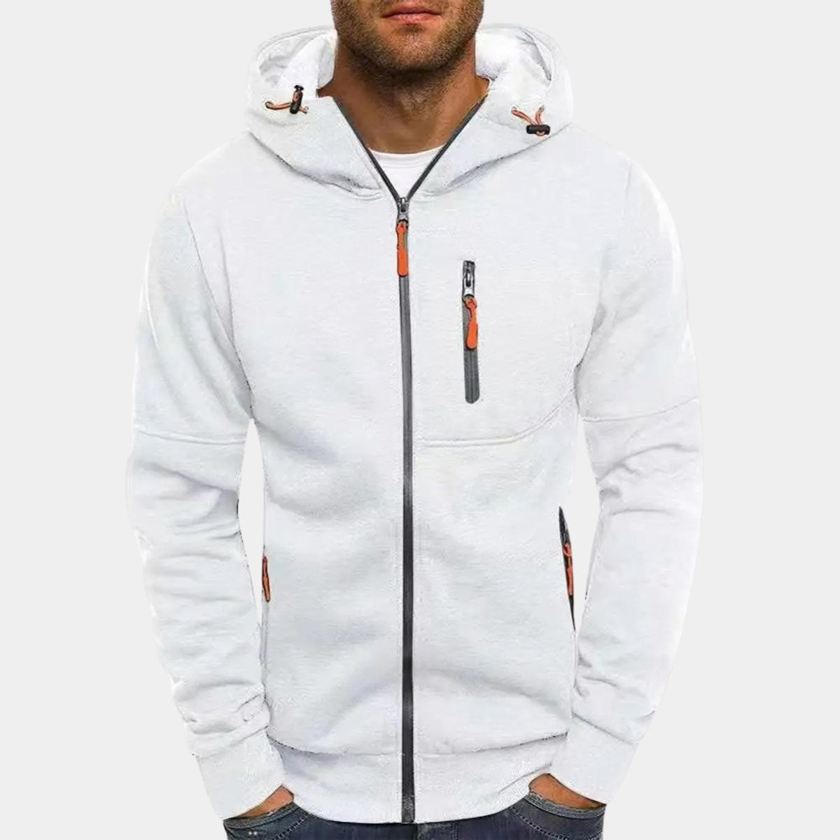 White zip-up hoodie with orange zip pullers and fleece lining