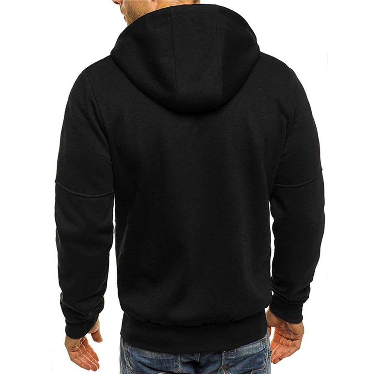 Rear view of black zip-up hoodie showing fleece texture and hood