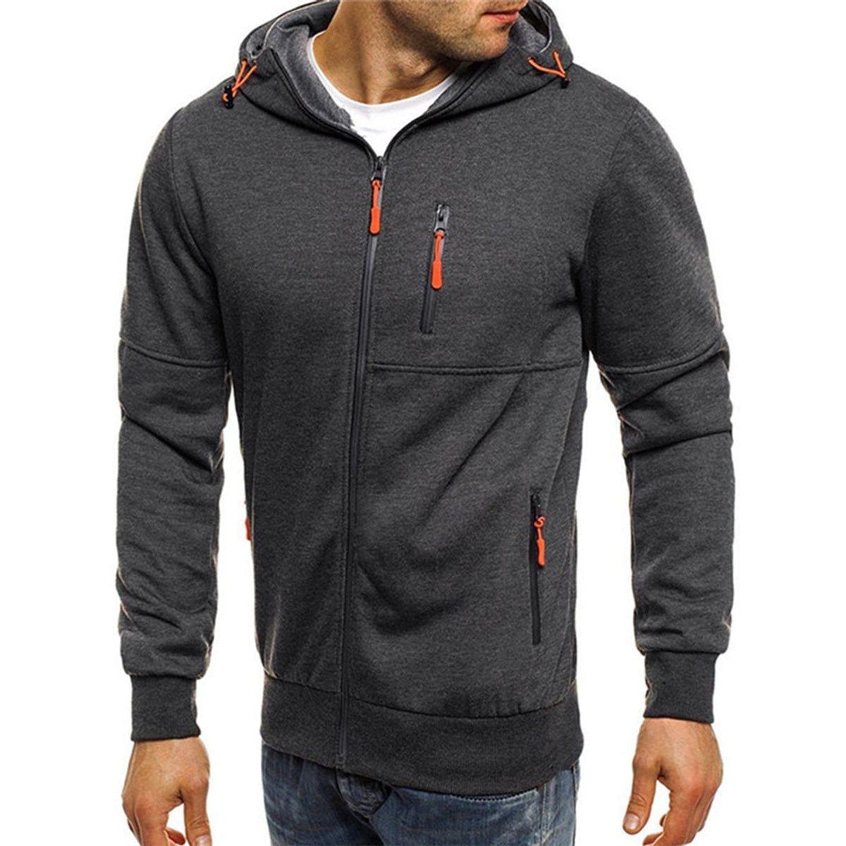 Front angled view of dark grey fleece hoodie with zipped chest pocket