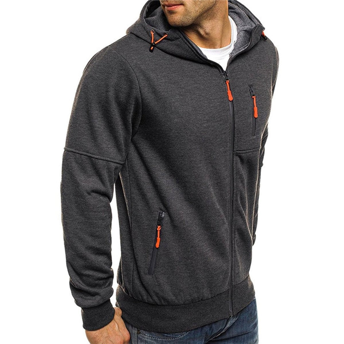 Side view of charcoal zip-up hoodie highlighting raglan sleeve seams