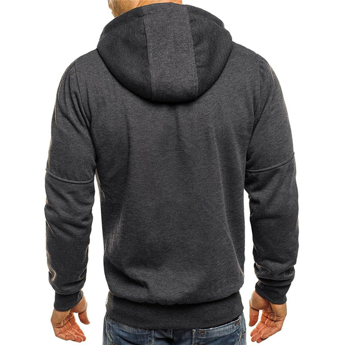 Back view of dark grey hooded sweatshirt with ribbed cuffs